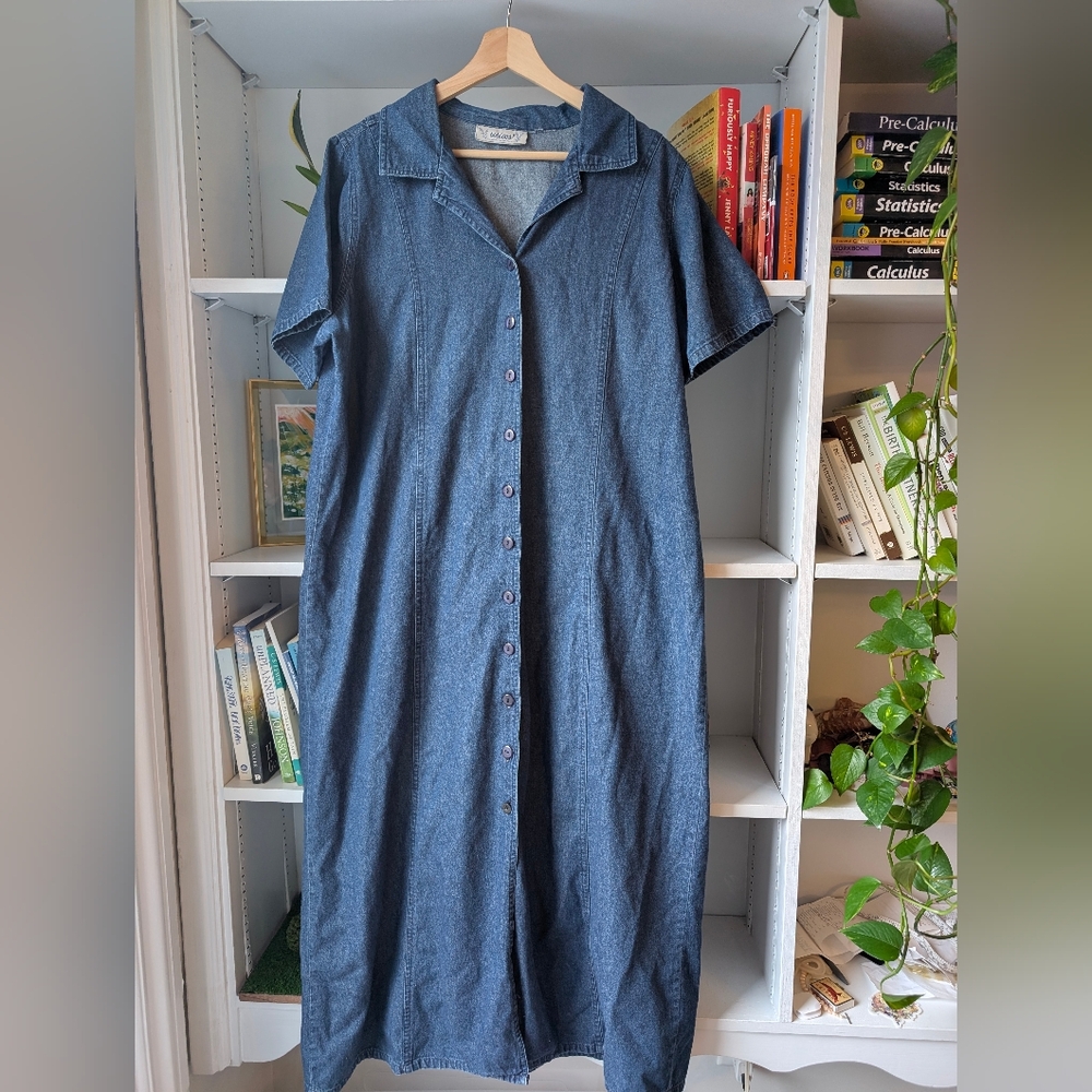 Denim Blue Button-Up Jean Maxi Dress Coastal Cowgirl Boho Size Large